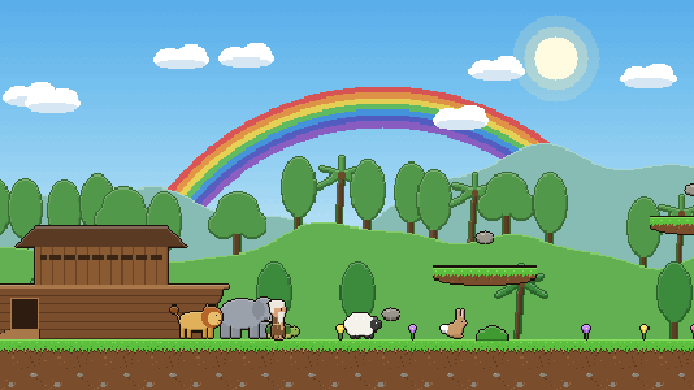 A arca de Noé com os animais saindo e um arco-íris no céu